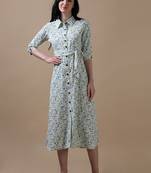 Cream 3/4th regular sleeve floral print a-line dress