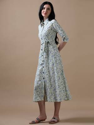 Cream 3/4th regular sleeve floral print a-line dress 2