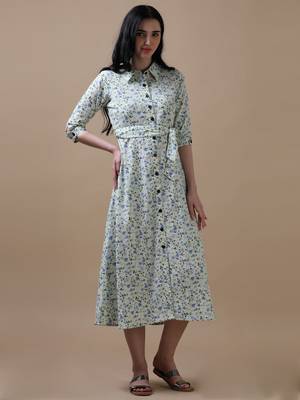 Cream 3/4th regular sleeve floral print a-line dress 3