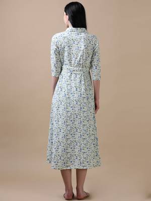 Cream 3/4th regular sleeve floral print a-line dress 4