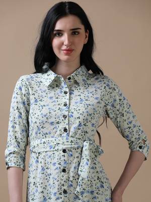 Cream 3/4th regular sleeve floral print a-line dress 5