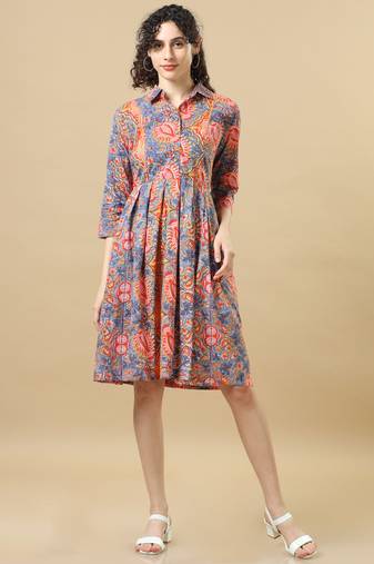 Light blue 3/4th sleeves cotton floral regular fit knee length dress