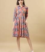 Light blue 3/4th sleeves cotton floral regular fit knee length dress