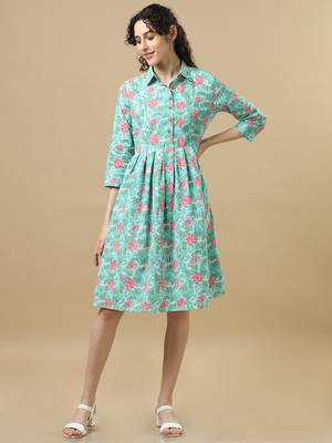 Pastel green 3/4th sleeves cotton floral regular fit knee length dress 1