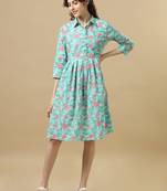 Pastel green 3/4th sleeves cotton floral regular fit knee length dress