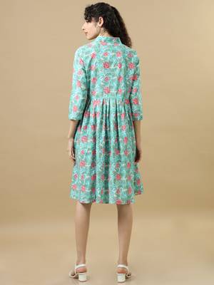 Pastel green 3/4th sleeves cotton floral regular fit knee length dress 2