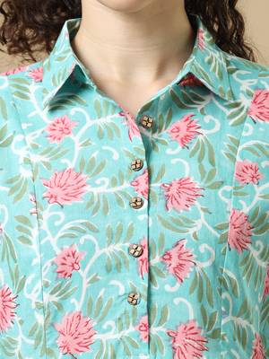 Pastel green 3/4th sleeves cotton floral regular fit knee length dress 3