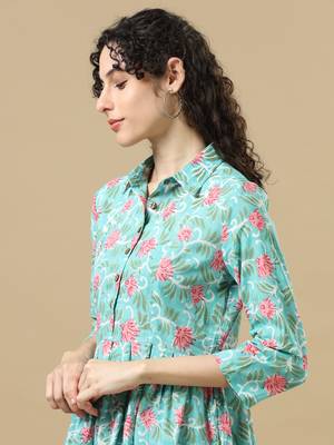 Pastel green 3/4th sleeves cotton floral regular fit knee length dress 4