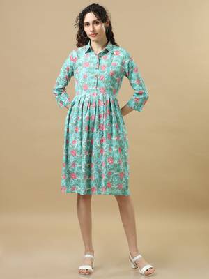 Pastel green 3/4th sleeves cotton floral regular fit knee length dress 5