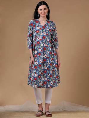 Blue 3/4th puff sleeve block print a-line dress 1