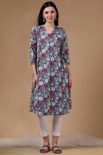 Blue 3/4th puff sleeve block print a-line dress