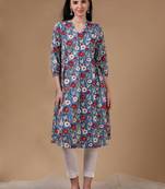 Blue 3/4th puff sleeve block print a-line dress