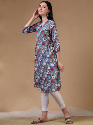 Blue 3/4th puff sleeve block print a-line dress 2