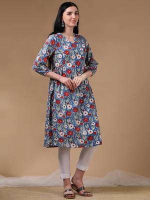 Blue 3/4th puff sleeve block print a-line dress 3