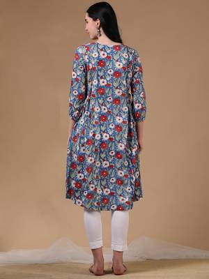 Blue 3/4th puff sleeve block print a-line dress 4