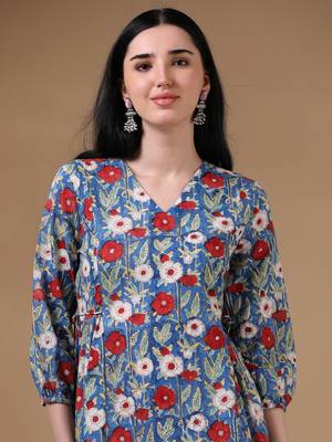Blue 3/4th puff sleeve block print a-line dress 5