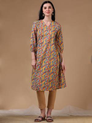 Yellow 3/4th puff sleeve block print a-line dress 1