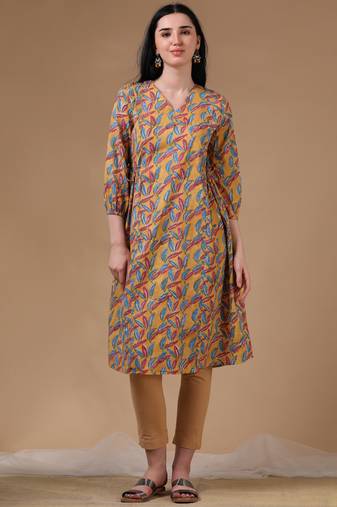 Yellow 3/4th puff sleeve block print a-line dress
