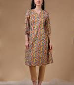 Yellow 3/4th puff sleeve block print a-line dress