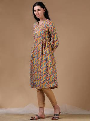 Yellow 3/4th puff sleeve block print a-line dress 2
