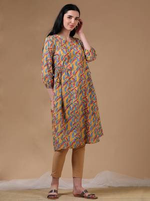 Yellow 3/4th puff sleeve block print a-line dress 3