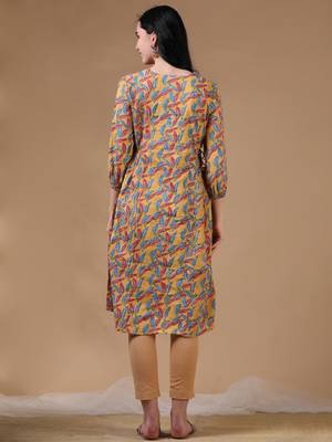 Yellow 3/4th puff sleeve block print a-line dress 4