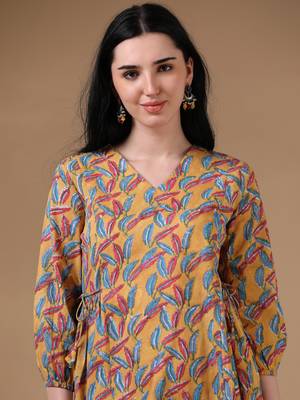 Yellow 3/4th puff sleeve block print a-line dress 5