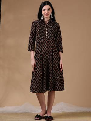 Black brown 3/4th regular sleeve block print a-line dress 1