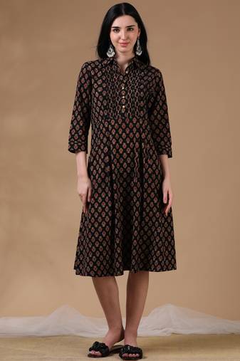 Black brown 3/4th regular sleeve block print a-line dress