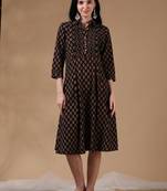 Black brown 3/4th regular sleeve block print a-line dress