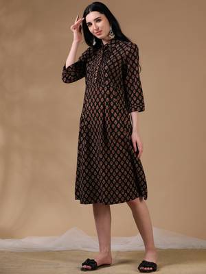 Black brown 3/4th regular sleeve block print a-line dress 2