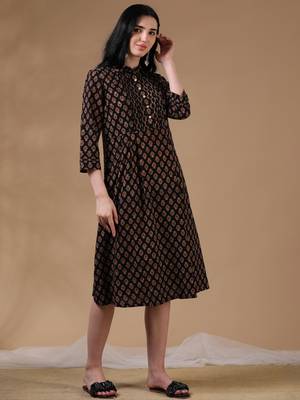 Black brown 3/4th regular sleeve block print a-line dress 3