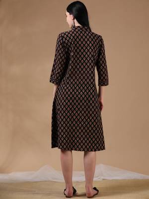 Black brown 3/4th regular sleeve block print a-line dress 4