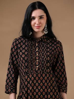 Black brown 3/4th regular sleeve block print a-line dress 5