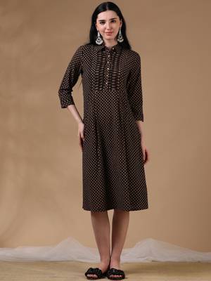 Black brown 3/4th regular sleeve block print a-line dress 1