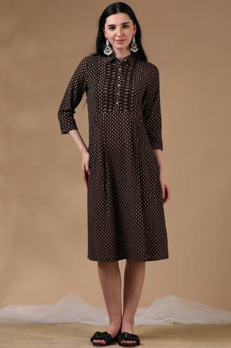 Black brown 3/4th regular sleeve block print a-line dress