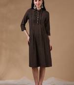 Black brown 3/4th regular sleeve block print a-line dress