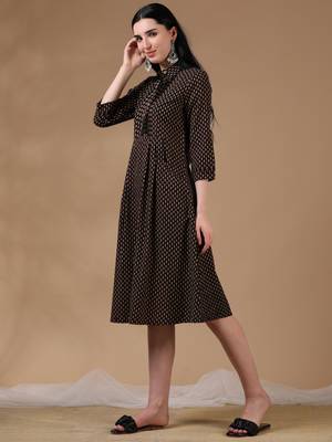 Black brown 3/4th regular sleeve block print a-line dress 2