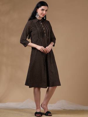 Black brown 3/4th regular sleeve block print a-line dress 3