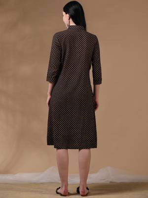 Black brown 3/4th regular sleeve block print a-line dress 4