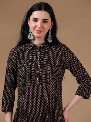 Black brown 3/4th regular sleeve block print a-line dress 5