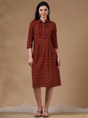 Marron beige 3/4th regular sleeve block print a-line dress 1