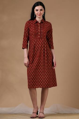 Marron beige 3/4th regular sleeve block print a-line dress