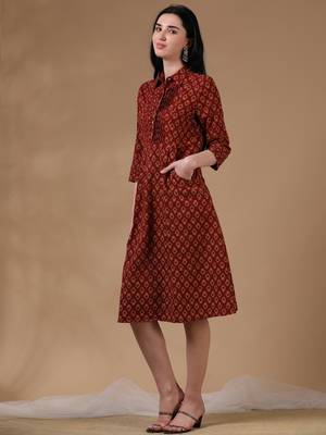 Marron beige 3/4th regular sleeve block print a-line dress 2