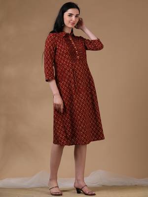 Marron beige 3/4th regular sleeve block print a-line dress 3