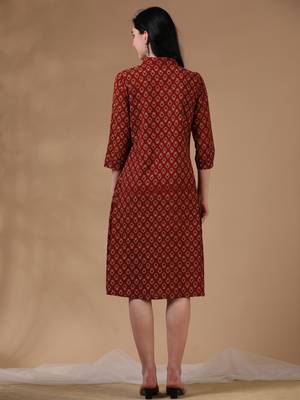 Marron beige 3/4th regular sleeve block print a-line dress 4
