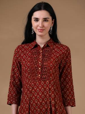 Marron beige 3/4th regular sleeve block print a-line dress 5