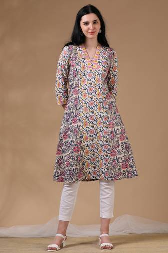 White 3/4th regular sleeve block print a-line dress