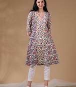 White 3/4th regular sleeve block print a-line dress