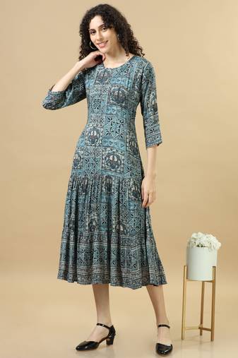Indigo 3/4th sleeves modal cotton mixed prints regular fit calf length dress